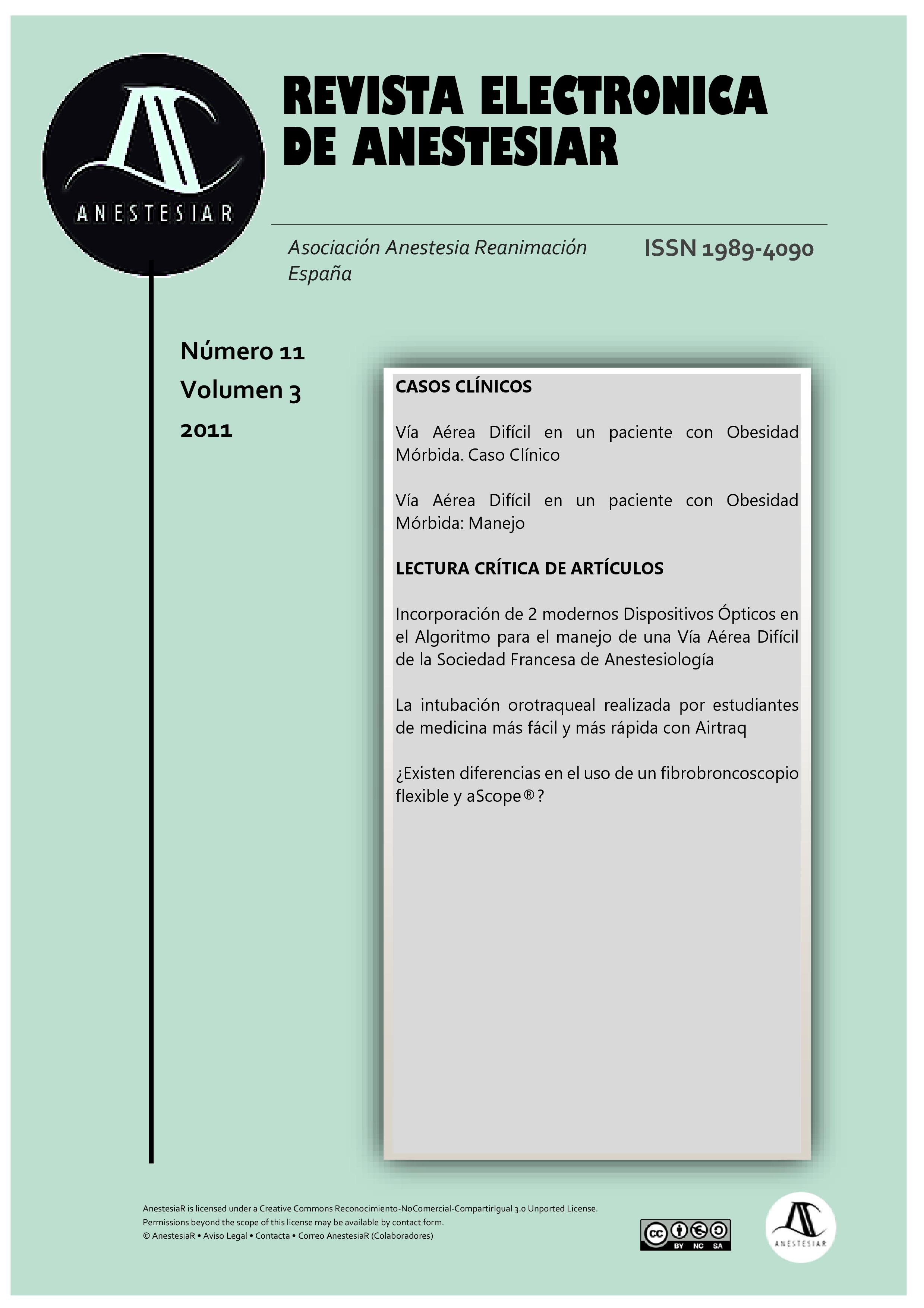 					Ver Vol. 3 Núm. 11 (2011): Revista Electrónica de AnestesiaR
				