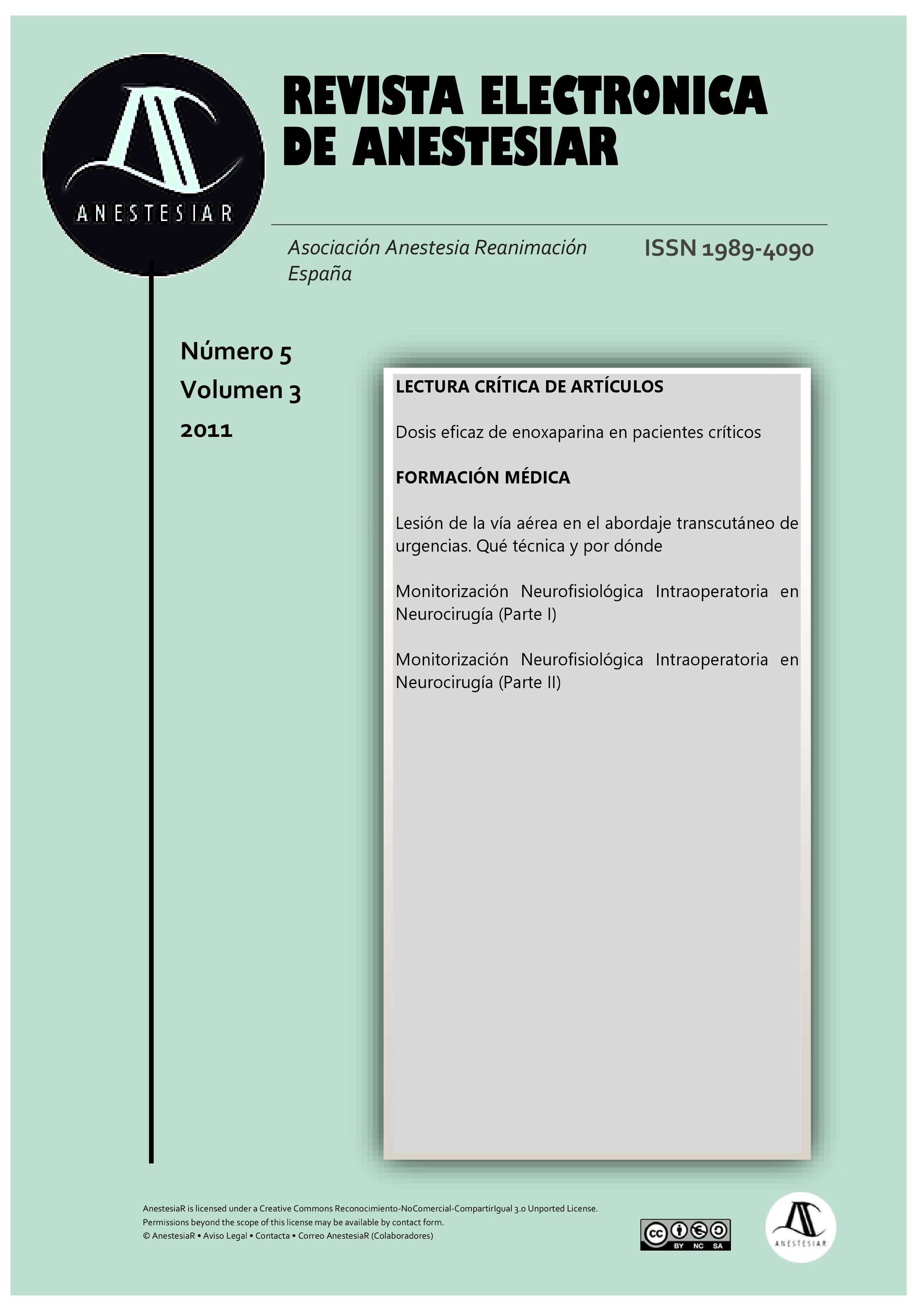 					Ver Vol. 3 Núm. 5 (2011): Revista Electrónica de AnestesiaR
				