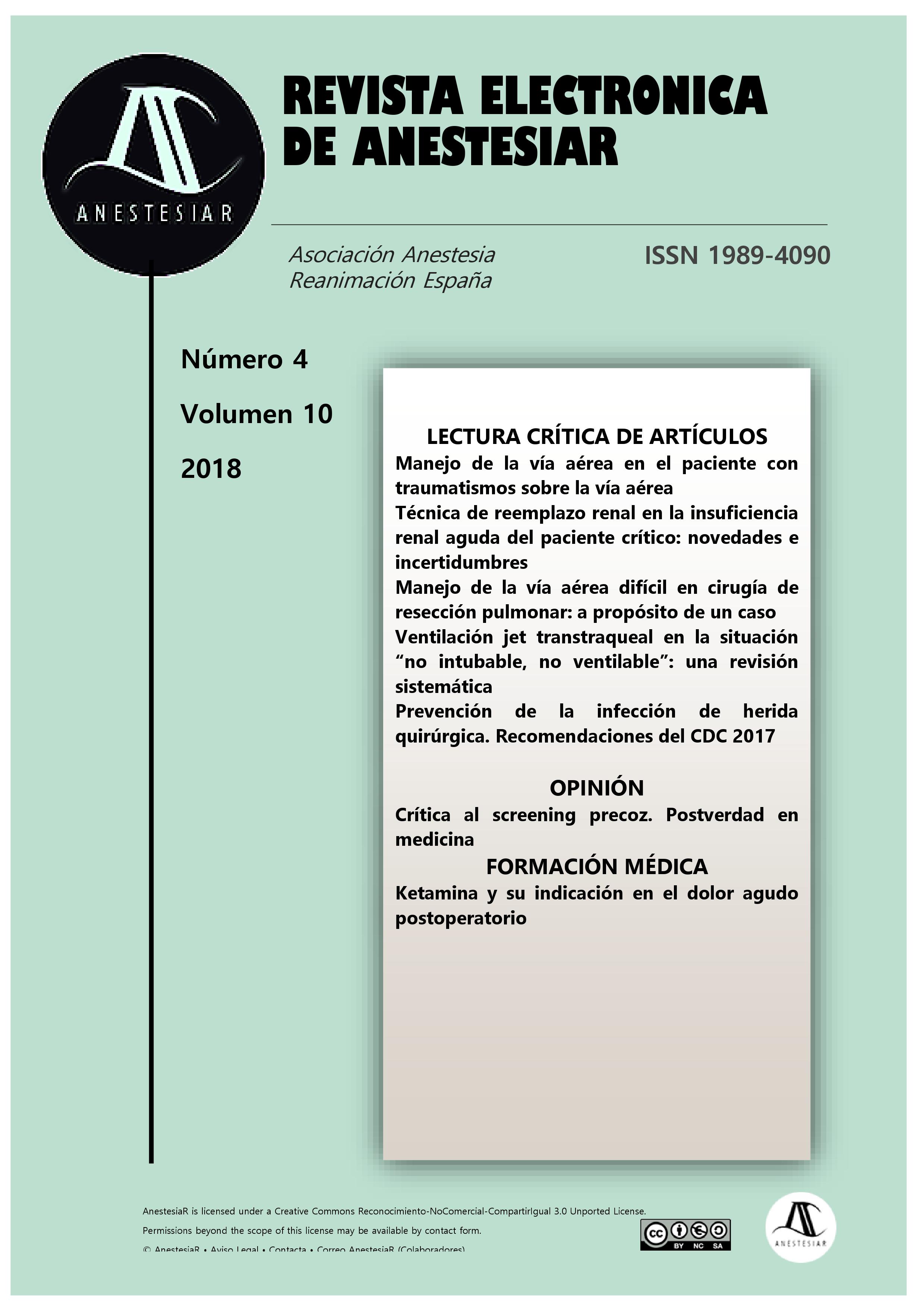 					Ver Vol. 10 Núm. 4 (2018): Revista Electrónica de AnestesiaR
				