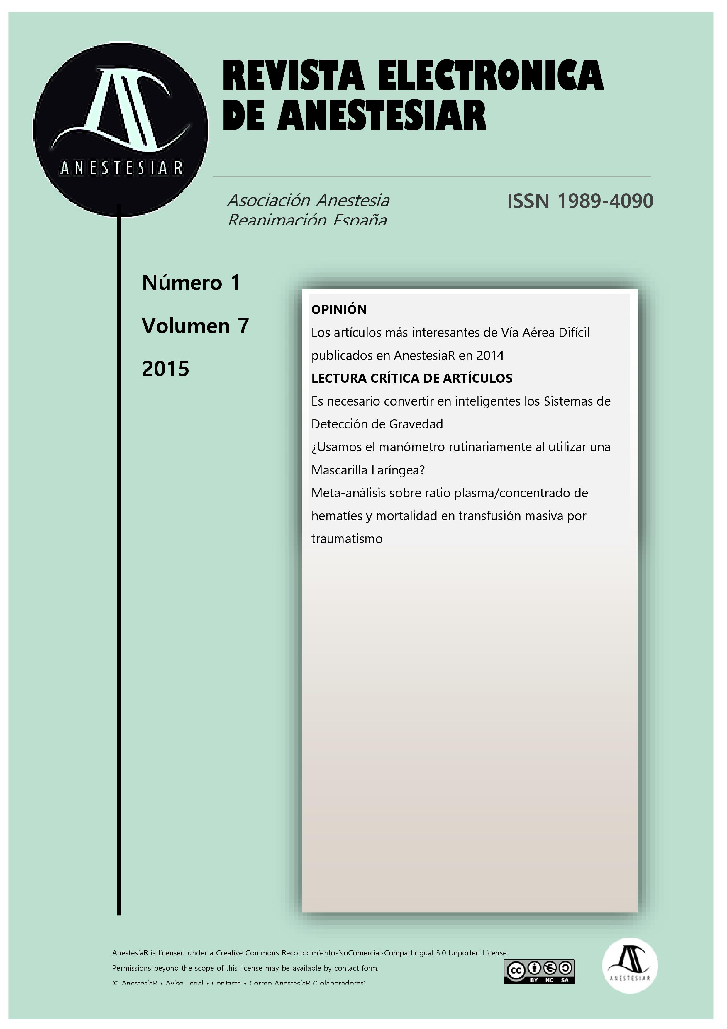 					Ver Vol. 7 Núm. 1 (2015): Revista Electrónica de AnestesiaR
				